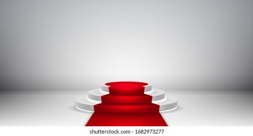 Round stage podium. Stage vector backdrop. Festive podium scene with red carpet for award ceremony. Vector illustration.