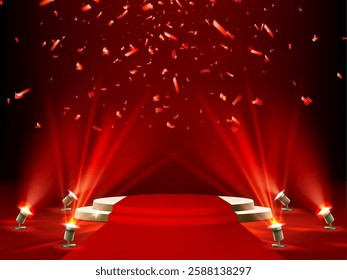 Round stage with red carpet, golden confetti and spotlights. Vector realistic illustration platform for cinema, fashion, music show winner award ceremony, sparkling streamer and bright illumination