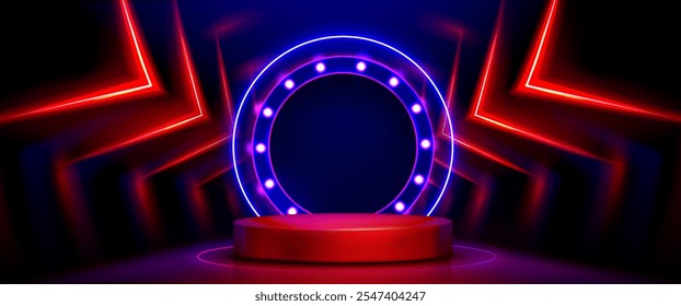 Round stage with spotlight illumination on dark background. Vector realistic illustration of red and blue neon club podium, circular stage for fashion show, product presentation platform with lights