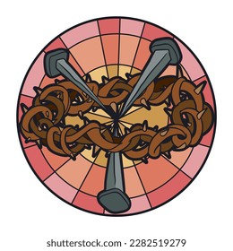 Round stained glass button decorated with crown of thorns and the nails of the cross. Design in flat colors and outlines.