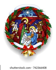 Round stained glass with the Christmas scene in holly wreath frame with gold bells. Christmas greeting card. Vector illustration