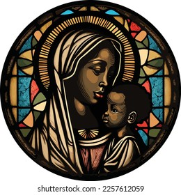 Round stained glass window of African Mary and baby Jesus.