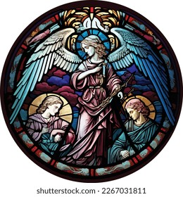 Round stained glass window of archangels, Michael, Gabriel and Raphael