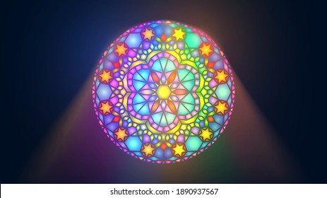 Round stained glass window in a dark room with rays of light, interior of a church or temple