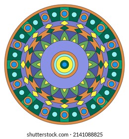 Round stained glass window with decorative elements in the form of circles, triangles and rhombuses on a green background. Vector, illustration