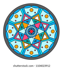 Round stained glass window with geometric pattern. Vector. Flat illustration