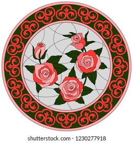 Round stained glass window with Oriental pattern and red roses. Vector. Illustration