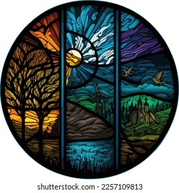 Round stained glass window of outdoor nature scenes, wind turbine, streams, mountains