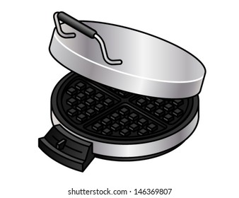 A round stainless steel waffle iron.