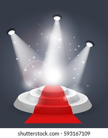 Round stairs gray pedestal with bright backlight and sparkles around, color vector illustration