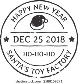 Round stamp celebrating Christmas and New Year 2018, featuring Santa s hat, twinkling stars, and cheerful text reading Santa s Toy Factory, Ho ho ho, and Dec 25, 2018