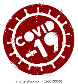 Round stamp with coronavirus outline representation, promoting awareness about the COVID-19 outbreak worldwide.