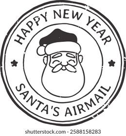 Round stamp featuring a joyful Santa Claus face with closed eyes, smiling and wishing everyone a happy new year and festive holidays, celebrating the spirit of the season