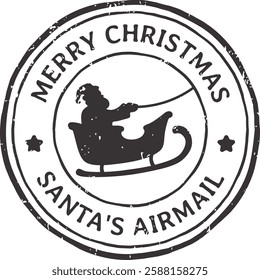 Round stamp featuring the silhouette of Santa Claus joyfully flying on a sleigh, accented by two five pointed stars and the festive greeting, Merry Christmas Santa s Airmail