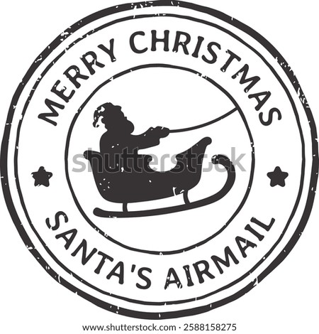 Round stamp featuring the silhouette of Santa Claus joyfully flying on a sleigh, accented by two five pointed stars and the festive greeting, Merry Christmas Santa s Airmail