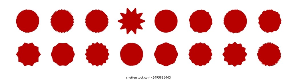 Round stamp sticker set, grunge red stamps around torn edge texture. Vector illustration elements isolate on white.