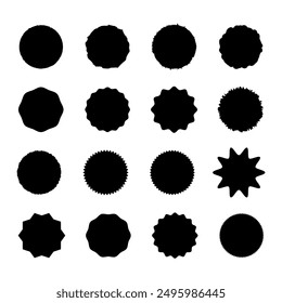 Round stamp sticker set, grunge black stamps around torn edge texture. Vector illustration elements isolate on white.