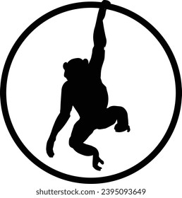 Round stamp style black and white monkey, chimpanzee silhouette icon. Vector eps graphic design.