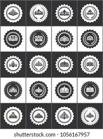 Round stamps with noble crowns and laurel branches set. Royal seals with heraldic symbols. Elegant crowns on monochrome stamps vector illustrations.