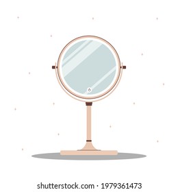 Round stand mirror isolated on white background. Equipment for dressing room. Vector illustration in flat cartoon style.