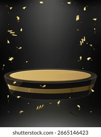 Round stand mockup, floating platform. Vector template of futuristic podium, carbon material with gold leaf, falling golden streamers and confetti. For advertising, branding, products and services.