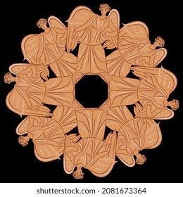 Round star design or mandala with ancient Greek angels or winged goddesses. Vase painting style. On black background.