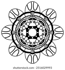 Round star flower ethnic mandala with Pre Columbian figurines from ancient Peru. Chancay culture. Geometrical Indigenous design. Black and white silhouette.