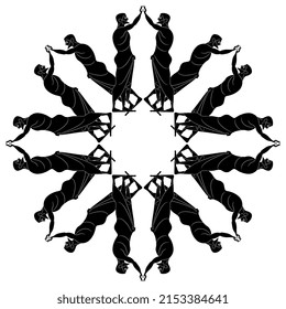 Round star mandala or frame with standing ancient Greek men touching raised arms. Vase painting style. Black and white negative silhouette.