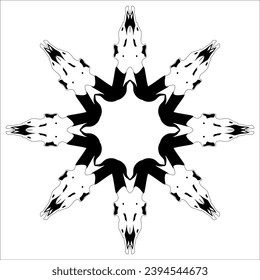 Round star shape design or frame with skulls of goat or horned animal. Black and white silhouette.
