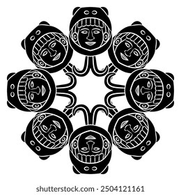 Round star shape ethnic design with human heads. Aztec god Ehecatl. Indigenous Native American art. Black and white silhouette.