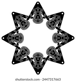 Round star shape ethnic frame with images of goddess Astarte. Black and white silhouette.