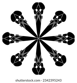 Estrellas redondas dan forma a mandala étnica con figuras de la cultura Hongshan. Esculturas humanoides fantásticas de la China antigua. Silueta blanca y negra.