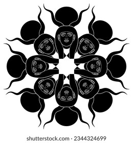 Round star shape ethnic mandala with heads of ancient Egyptian goddess Hathor with animal horns and solar disks. Black and white silhouette.