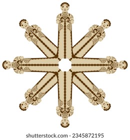 Round star shape ethnic mandala with figurines of Mycenaean mother goddess. Feminist symbol. Archaic ancient Greek women. Isolated vector illustration.