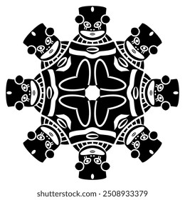 Round star shape ethnic mandala with Pre Columbian figurines from ancient Peru. Chancay culture. Geometrical Indigenous design. Black and white silhouette.