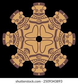 Round star shape ethnic mandala with Pre Columbian figurines from ancient Peru. Chancay culture. Geometrical Indigenous design. 