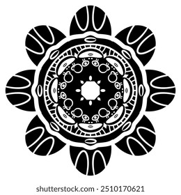 Round star shape ethnic mandala with Pre Columbian figurines from ancient Peru. Chancay culture. Geometrical Indigenous design. Black and white silhouette.