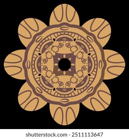 Round star shape ethnic mandala with Pre Columbian figurines from ancient Peru. Chancay culture. Geometrical Indigenous design. 