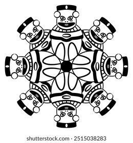 Round star shape ethnic mandala with Pre Columbian figurines from ancient Peru. Chancay culture. Geometrical Indigenous design. Black and white silhouette.