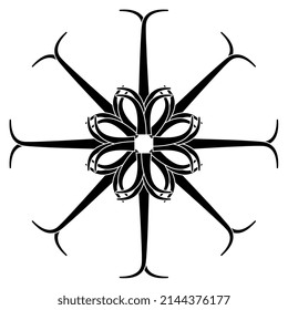 Round star shape or floral mandala with stylized reed branches. Ancient Egyptian floral motif. Geometrical snowflake or flower design with eight rays. Black and white negative silhouette.
