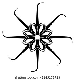 Round star shape or floral mandala with stylized reed branches. Ancient Egyptian floral motif. Geometrical snowflake or flower design with eight rays. Black and white negative silhouette.