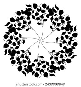 Round star shape floral mandala with blooming branches. Folk style. Black silhouette on white background.