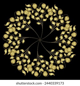 Round star shape floral mandala with blooming branches. Folk style. Golden glossy silhouette on black background.