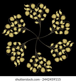 Round star shape floral mandala with blooming branches. Folk style. Golden glossy silhouette on black background.