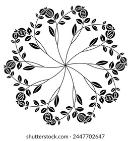 Round star shape floral mandala with stylized blooming branches with berries or fruits. Folk style. Black and white silhouette.