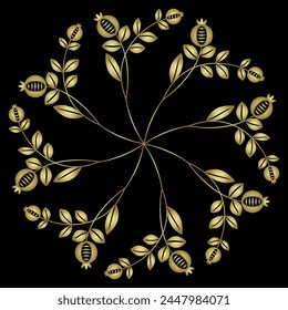 Round star shape floral mandala with stylized blooming branches with berries or fruits. Folk style. Golden glossy silhouette on black background.