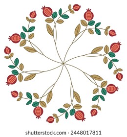 Round star shape floral mandala with stylized blooming branches with ripe berries or fruits. Folk style. Isolated vector illustration.