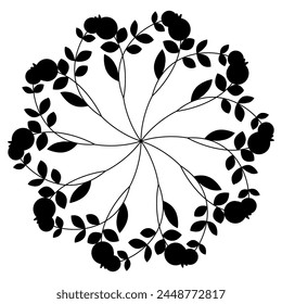 Round star shape floral mandala with stylized blooming branches with berries or fruits. Folk style. Black silhouette on white background.