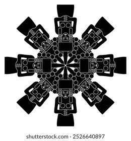 Mandala geométrico de forma de estrella redonda con figuras femeninas precolombinas de México. Diosa huasteca o totonaca del maíz Centeocihuatl. Silueta en blanco y negro.