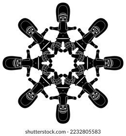 Round star shape or mandala with ancient Mexican female figurines from Tlatilco. Black and white silhouette. Pre Columbian Native American art. Great Mother archetype of a goddess.